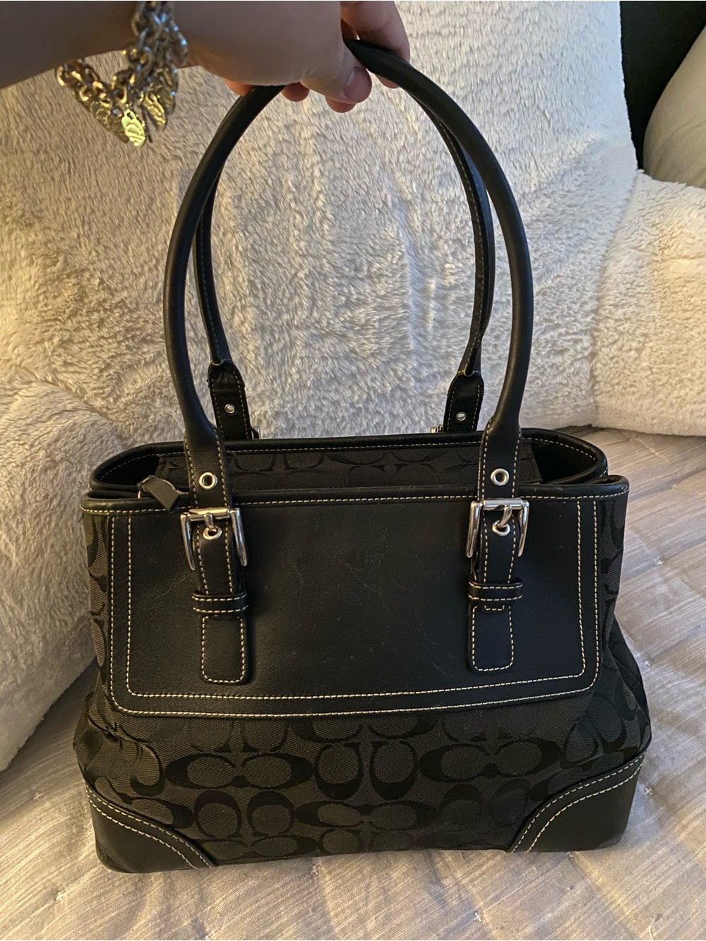 Coach Black Signature Shoulder Tote with Silver Hardware